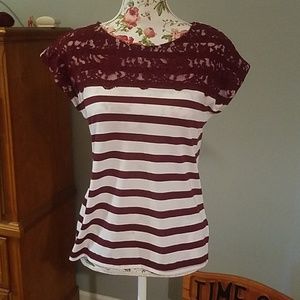 Red and white striped shirt w/ lace
